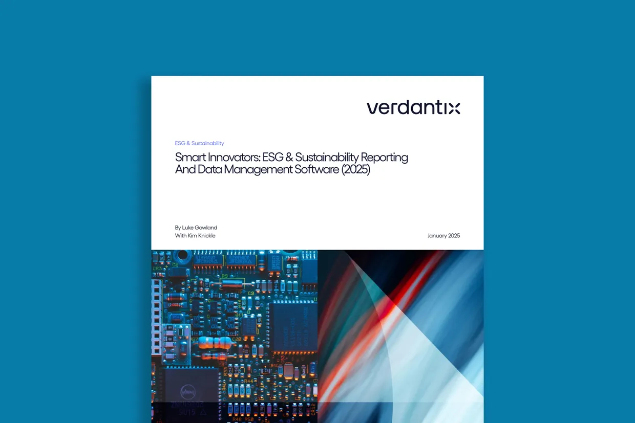 Verdantix report cover titled "Smart Innovators ESG & Sustainability Reporting And Data Management Software (2025)" by Luca Sturlese, November 2024